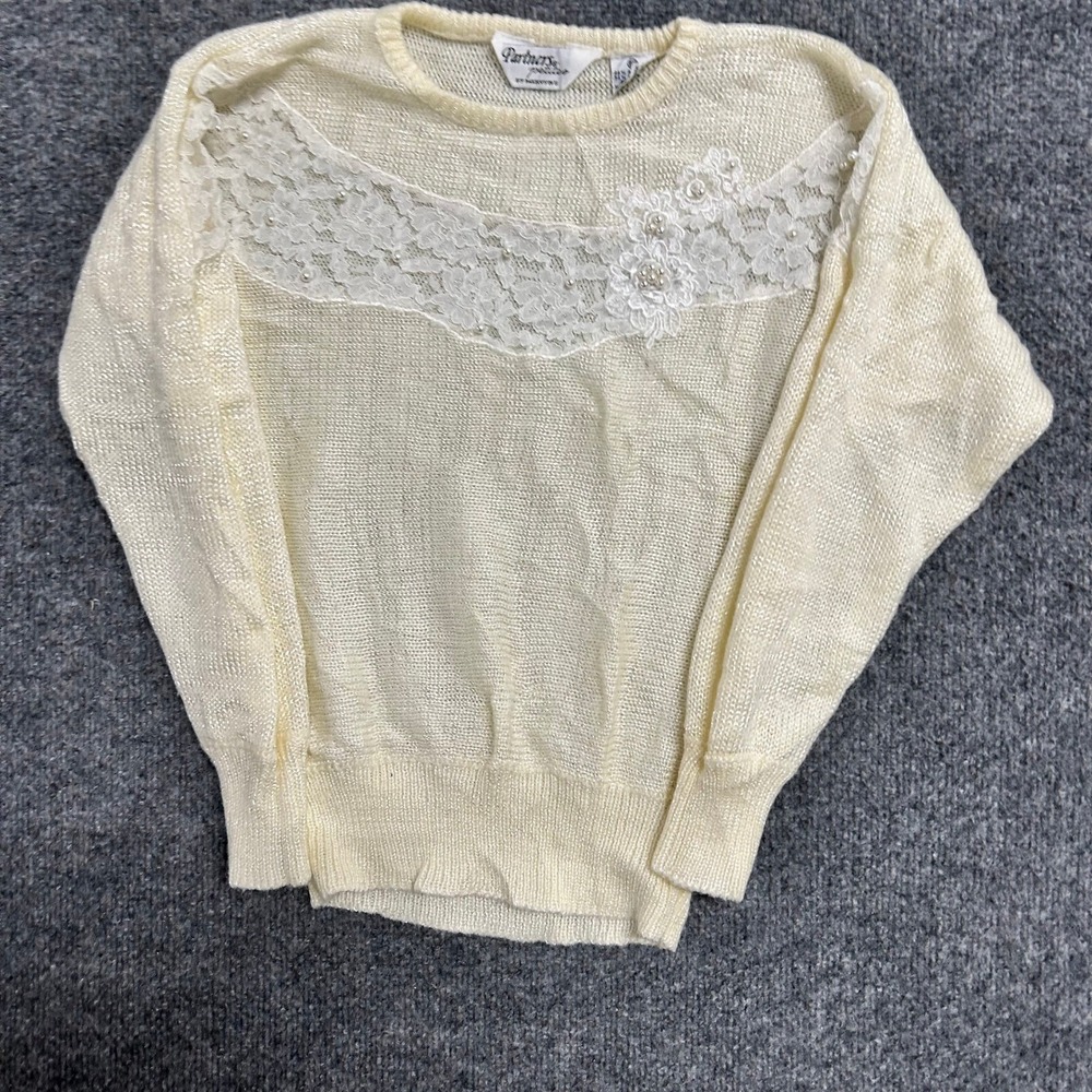 Partners Petites Sweater Womens Size PM Cream Lace Pearl Floral Vintage Knit